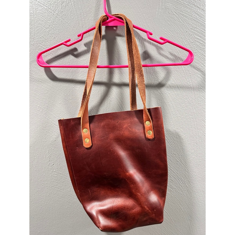 Handmade Brown Leather Tote Bag Minimalist Shoulder Bag Brass Rivets Rustic